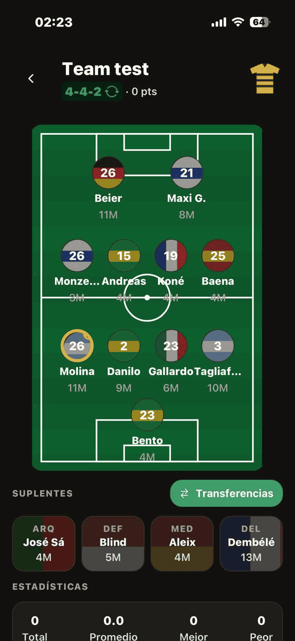 Pantalla de DTeam Manager con selección de jugadores del Mundial
